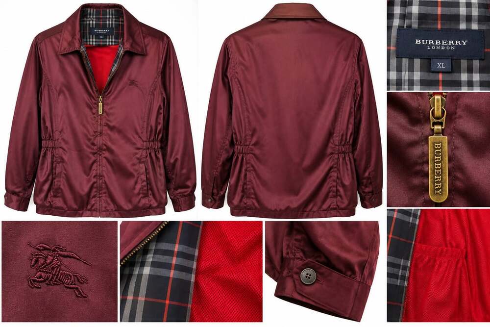 Burberry London Maroon Satin Windbreaker Jacket Plaid NovaCheck Lined XLVintage